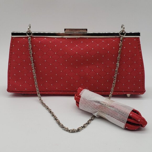 Red Faux Satin Silver Rhinestone Diamond Pattern Chain or Strap Handled Purse - Picture 1 of 12